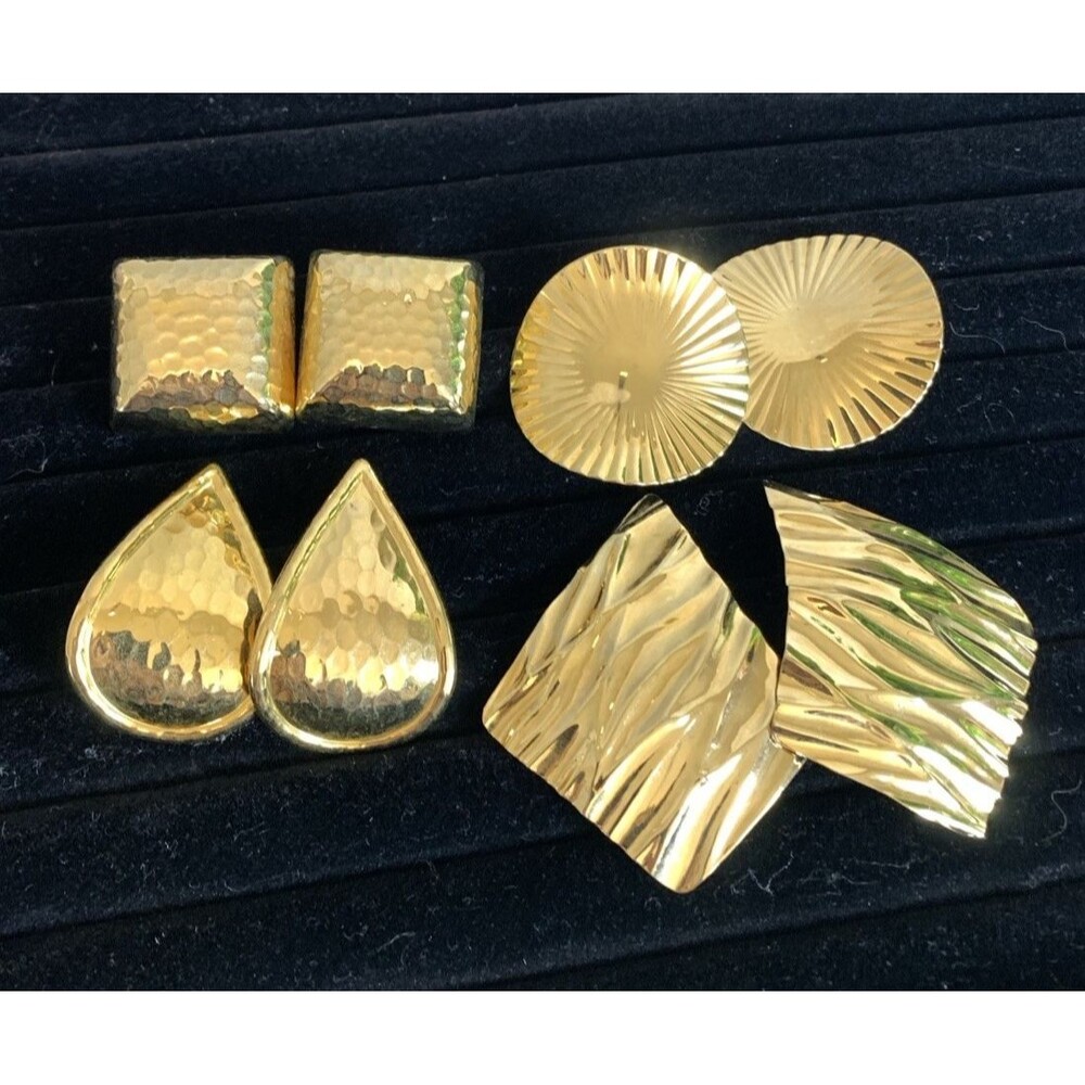 Vintage Gold Tone Earring Lot 4 Pairs Hammered Geometric Runway Statement 80s